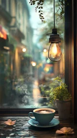 Latte art still life beneath filament bulb in rainy café window