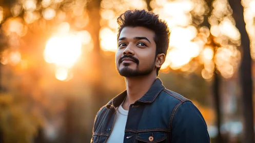 Sunlit wanderer framed by glowing autumn bokeh haze.