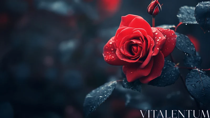 Crimson Beauty: Rain-Kissed Red Rose in Soft Focus.