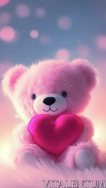 Pink plush teddy bear with heart and dreamy bokeh glow.
