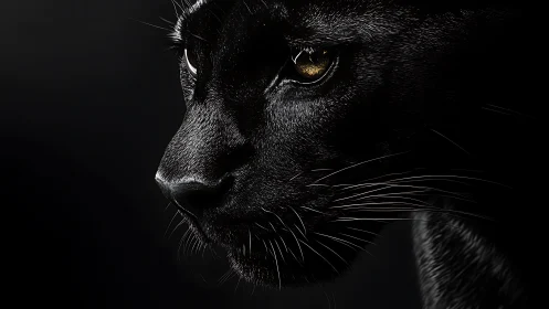 Black cat profile with golden eyes against dark background