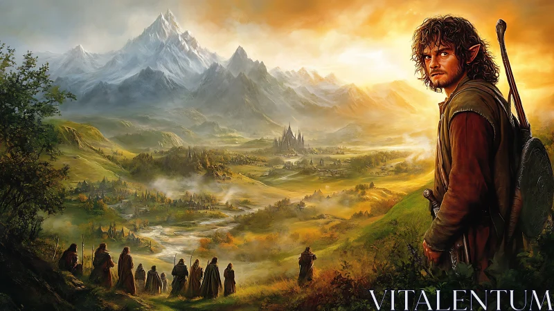 Epic fantasy landscape with adventuring party under warm volumetric light