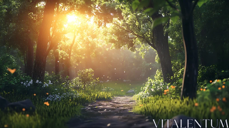 Forest path at golden hour with sunlight filtering through canopy.