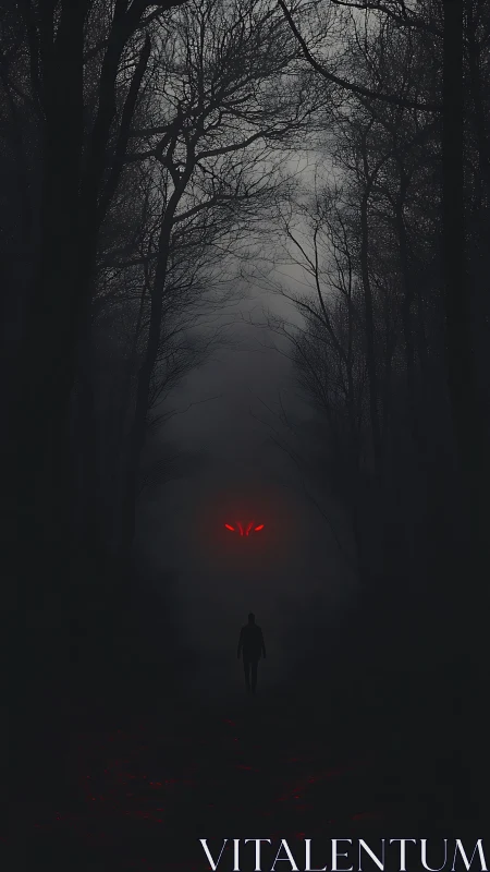 Lone figure confronts red-eyed presence in haunted forest.