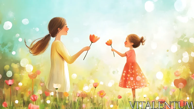 Woman and child exchanging flowers in meadow.