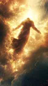 Radiant cosmic figure rising through golden starlit clouds.