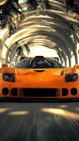 Aerodynamic orange supercar under parametric palm arcade.