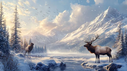 Elk pair by frozen river under snowy mountain sky.