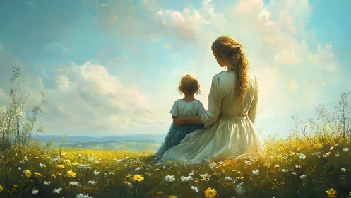 Sunlit meadow moment between mother and child at rest.
