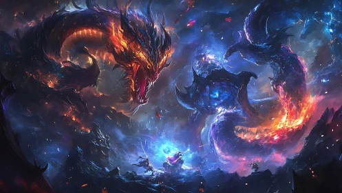 Fiery dragon and cosmic serpent clash in stormy void