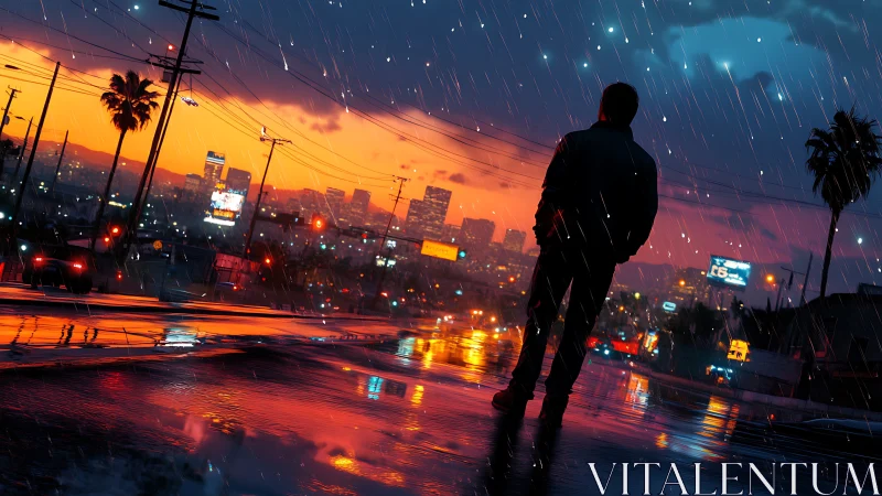 Rain-soaked city dream glows around a lone evening wanderer