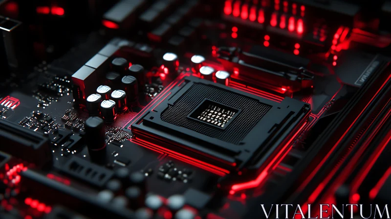 CPU socket on motherboard with red cybernetic lighting focus.