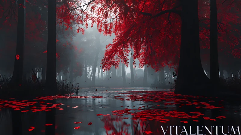 Red leaf canopy hangs over dark forest water channel