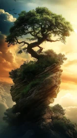 Solitary wind-shaped tree rooted on tall rocky spire