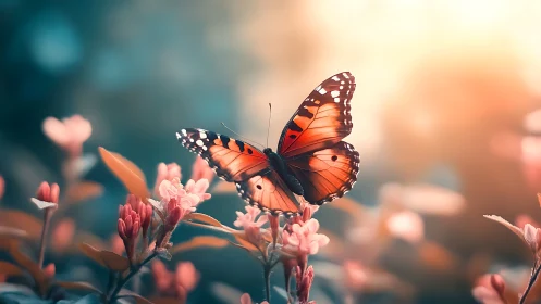 Monarch butterfly over pastel blossoms at golden sunrise.