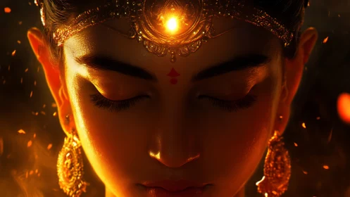 Ember crowned mystic in molten gold meditation glow.