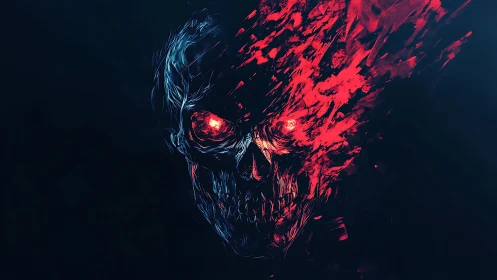 Fragmented fiery skull rendered in high contrast neon strokes