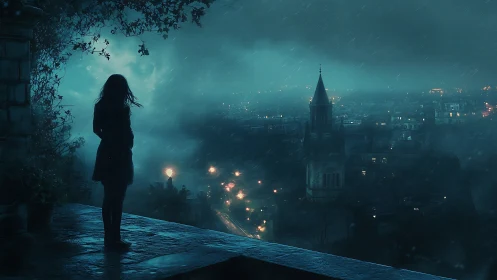 Solitary silhouette above rain-soaked, misty night cityscape.