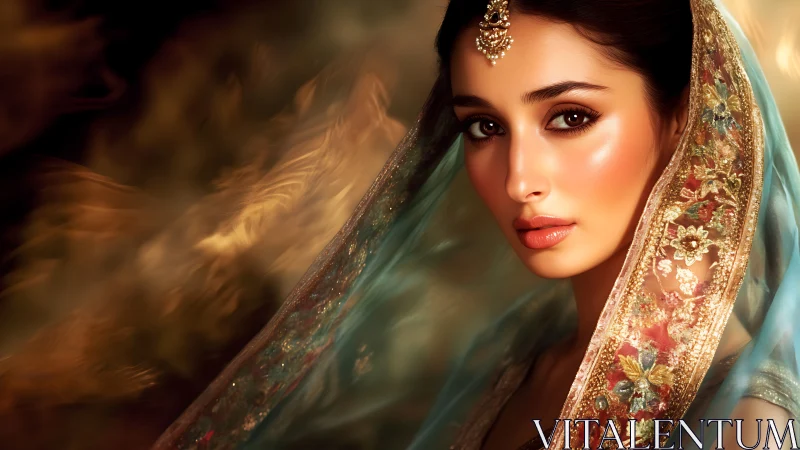 Digital painting portrait with ornate embroidered veil focus.