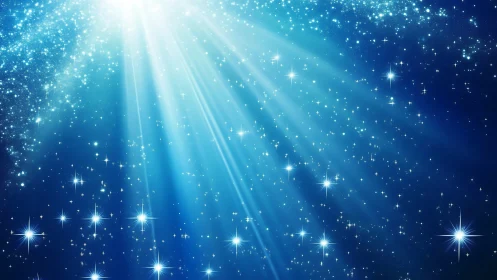 Starlit blue cosmos with radiant celestial light beams.