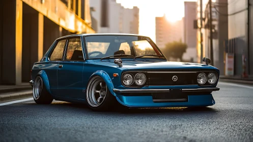Classic blue JDM sedan gleams on empty city street at sunset.