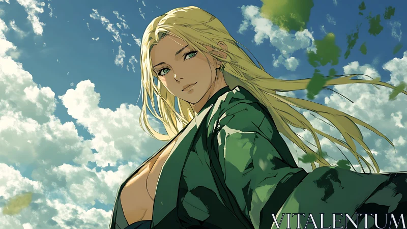 Low-angle anime portrait uniting dynamic sky and motion