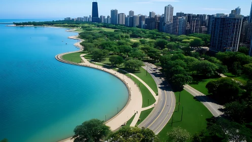 Lakeside boulevard curves past city skyline and green parkland.