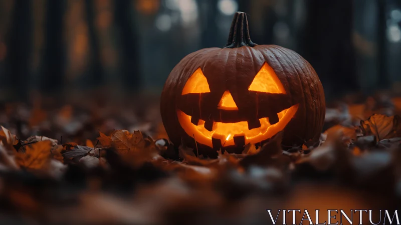 Glowing jack o lantern rests among fallen leaves in forest