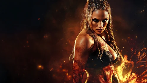 Fierce warrior woman emerges from swirling inferno flames.
