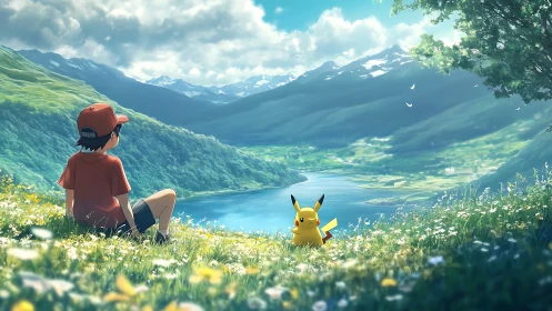 Trainer and Pikachu resting above calm mountain lake.