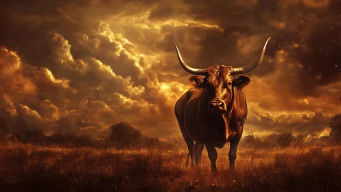 Horned bull under turbulent cumulonimbus at golden hour.