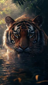 Majestic tiger stares from jungle water in golden dusk light