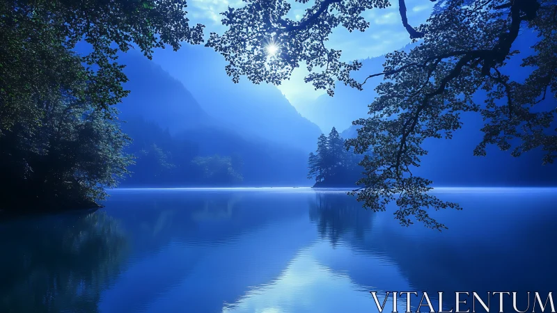 Moonlit sapphire lake cradled by misty mountains and trees.