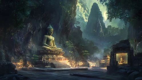 Monumental Buddha sanctuary in mist-lit jungle valley.