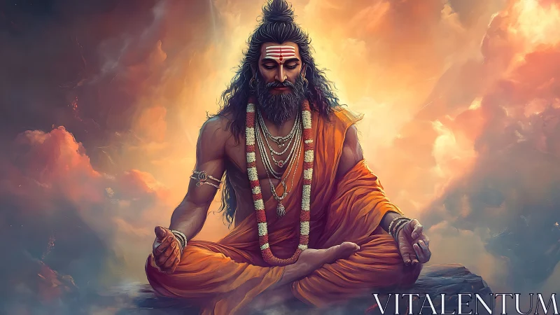 Meditating Hindu sage in orange robes amid luminous clouds