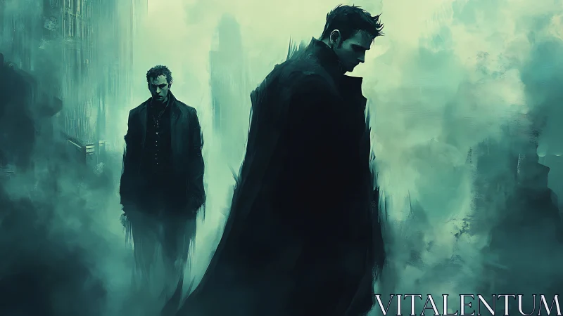 Fog drenched cyberpunk silhouettes in teal dystopian streetscape