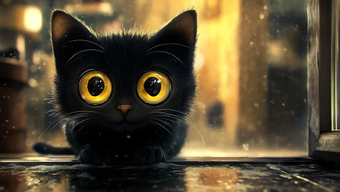 Black Feline Portrait with Luminous Amber Ocular Features.