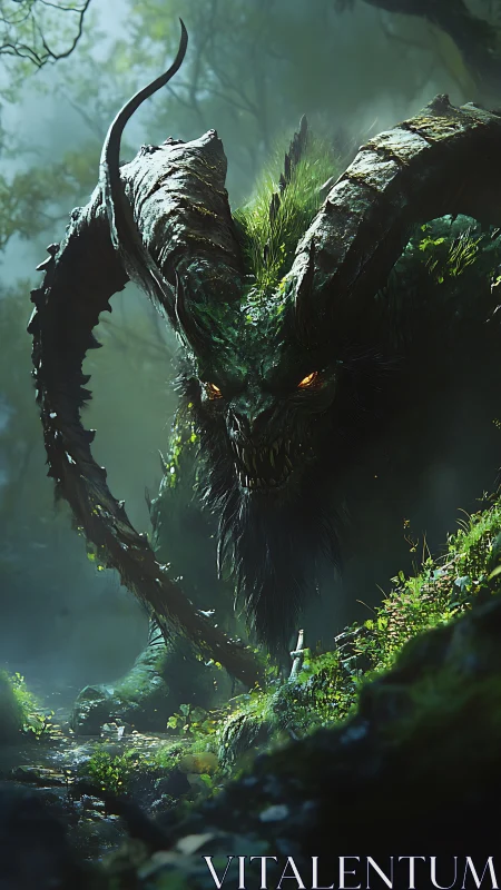 Colossal forest demon looms over lone adventurer in mist