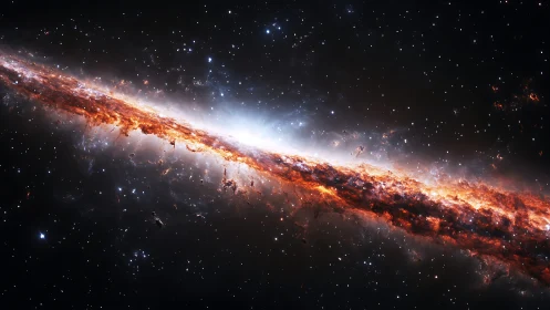 Edge-on spiral galaxy with glowing star-forming core.