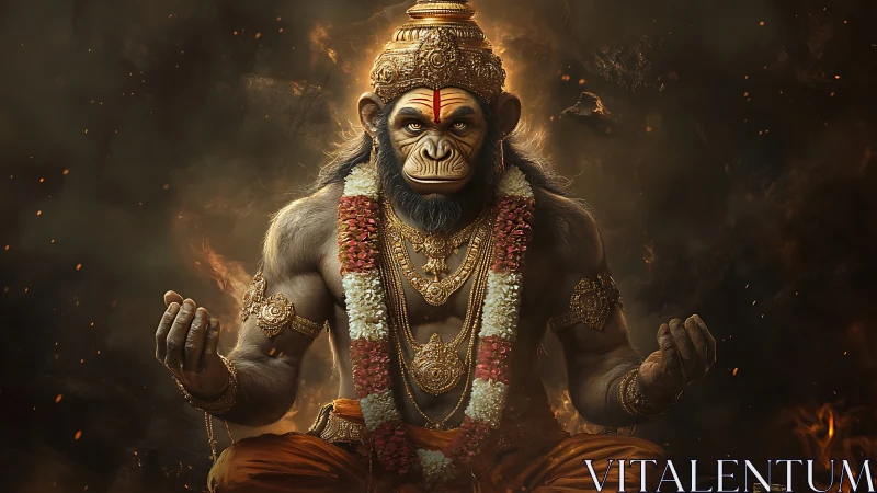 Mythic simian deity in meditative pose amid ember-lit haze