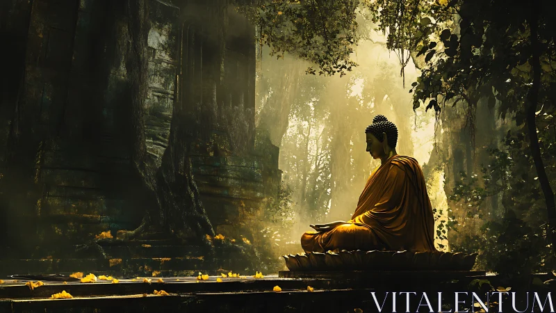 Golden seated Buddha amid volumetric jungle ruins light.