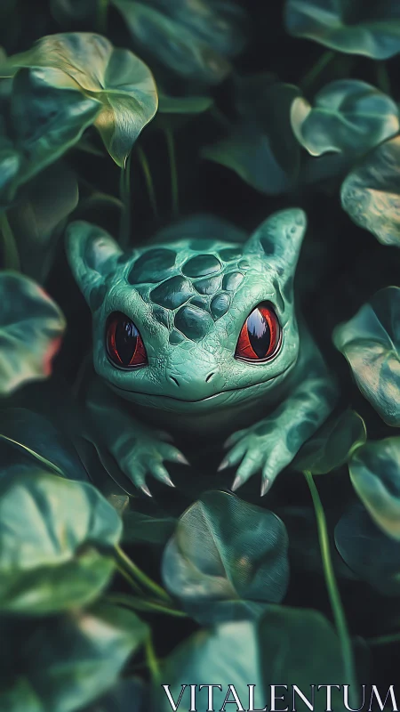 Cute green creature hiding among lush leaves in forest.