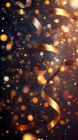 Golden metallic ribbons swirl amid festive bokeh light field.
