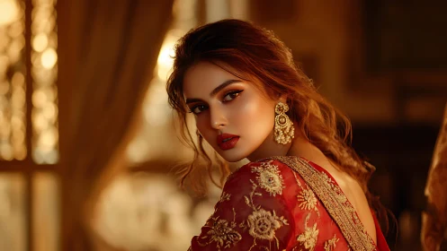 Golden hour portrait enriches red embroidered saree elegance.