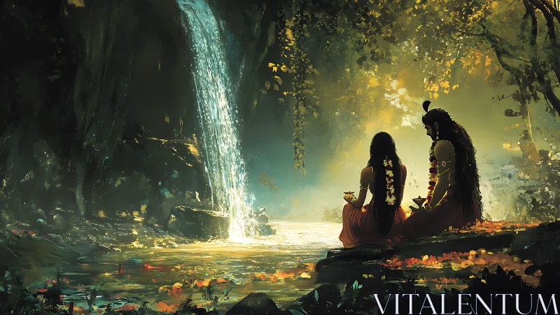 Divine couple share tranquil moment beside forest waterfall.