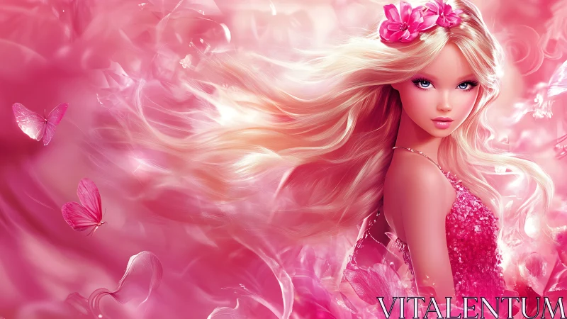 Fantasy blonde doll portrait in luminous pink butterflies.