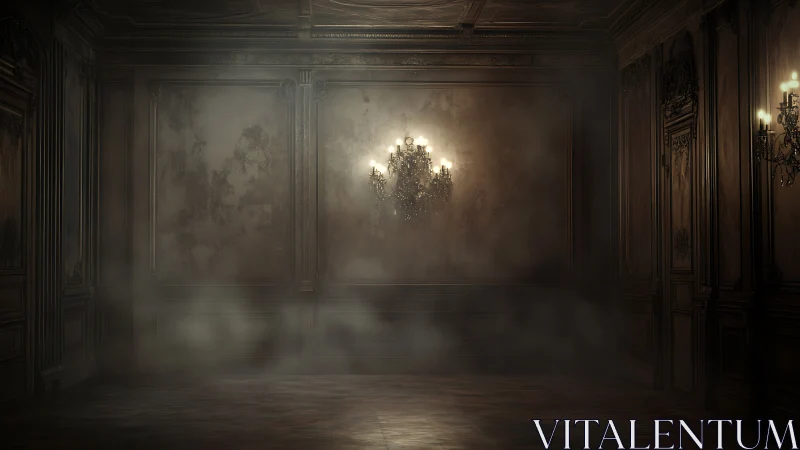 Dim chandelier glows through dust in abandoned ballroom