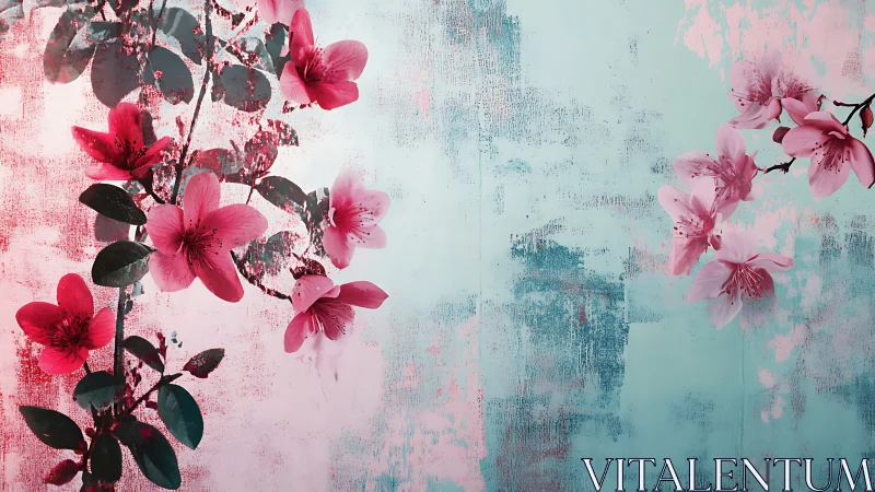 Pink Blossoms Dance Across Textured Turquoise Canvas