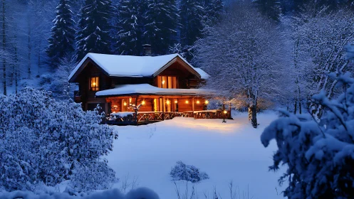 Thermally glowing log chalet embedded in dense snowy forest.