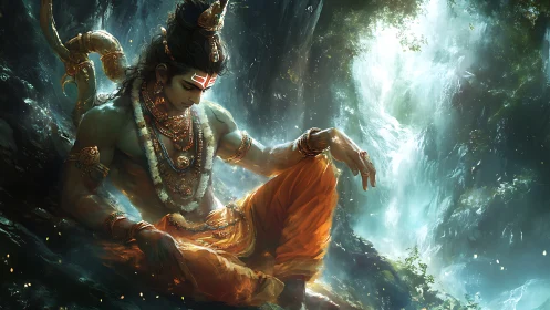 Serene forest guardian resting beside a luminous waterfall.